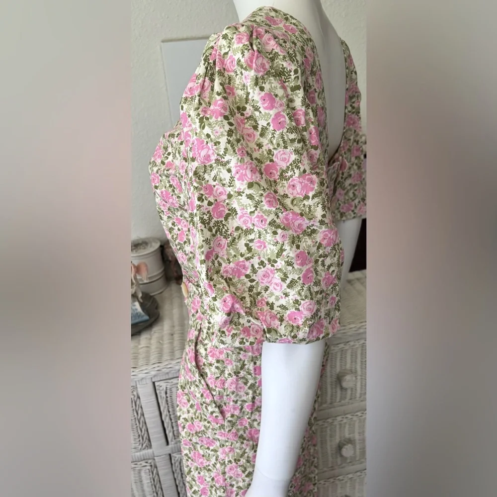 Sézane Claude Jumpsuit Wide Legs Balloon Sleeves Linen/Cotton Pink Green Size 2